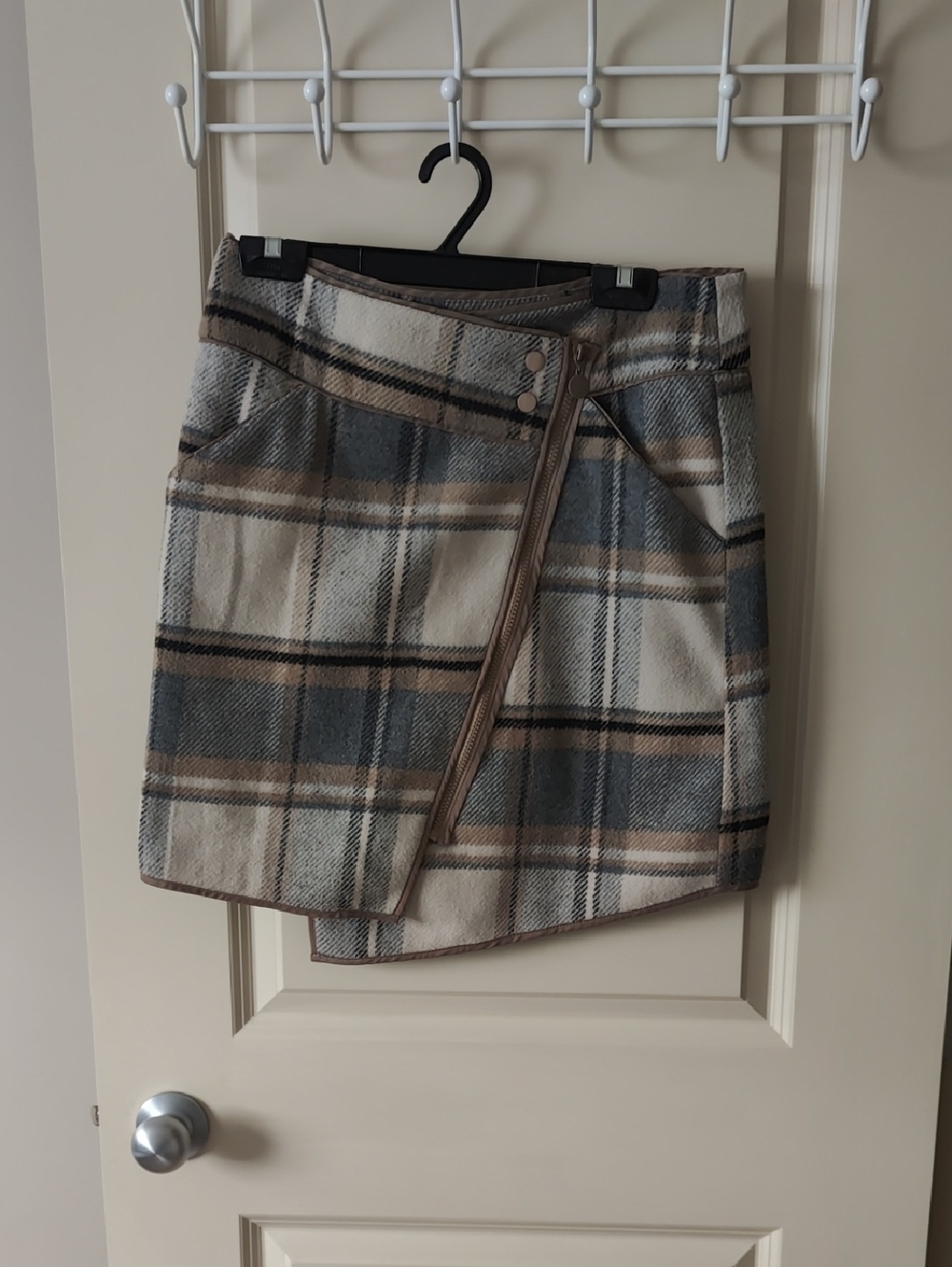 Plaid Wrap Mini Skirt in Cream, Gray & Brown